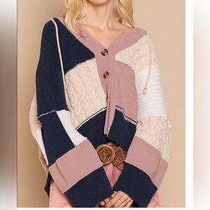 POL Oversized Color Block Quilted Chunky Cable Knit sweater NWOT patchwork Med